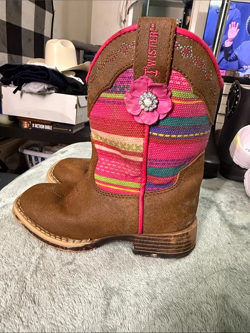 Twister Brown Suede Kids Western Boots with Pink Multi-Stripe Shaft